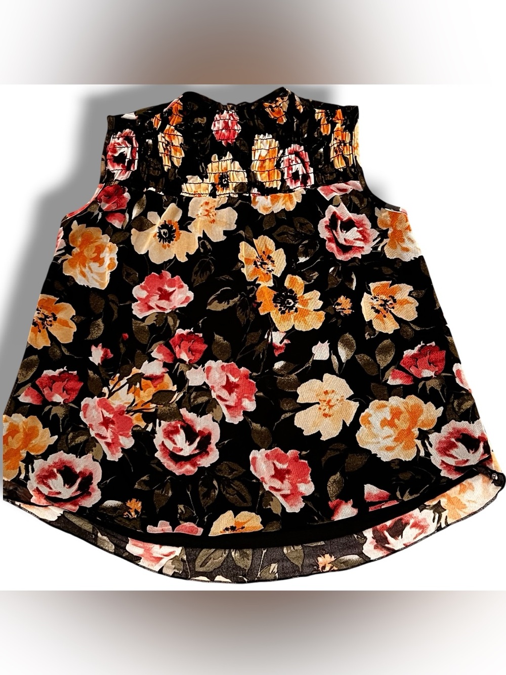 Kim & Cami Floral M Tank Top Blouse Mock Neck Smocked Sleeveless Black Orange F5